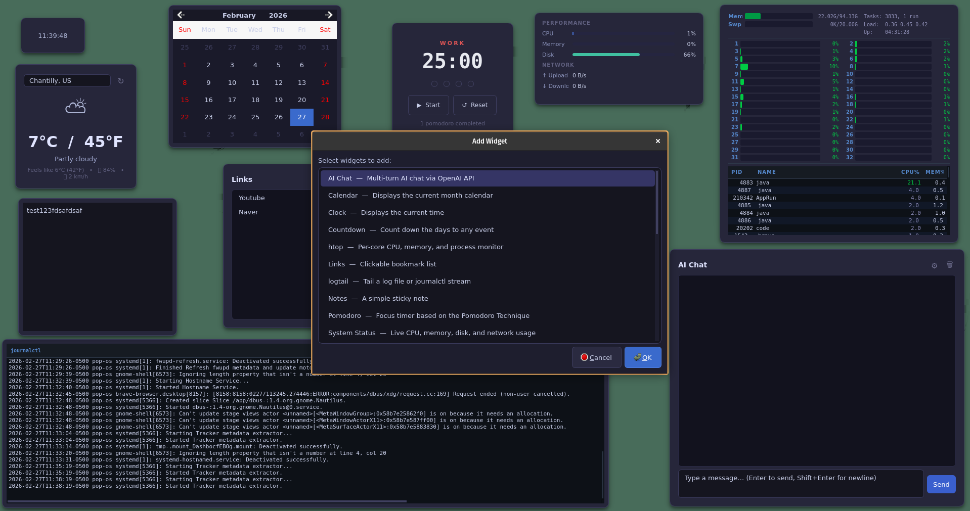 Add Widget dialog listing all available plugins including AI Chat, Calendar, Clock, Countdown, Links, Notes, Pomodoro, System Status, and more