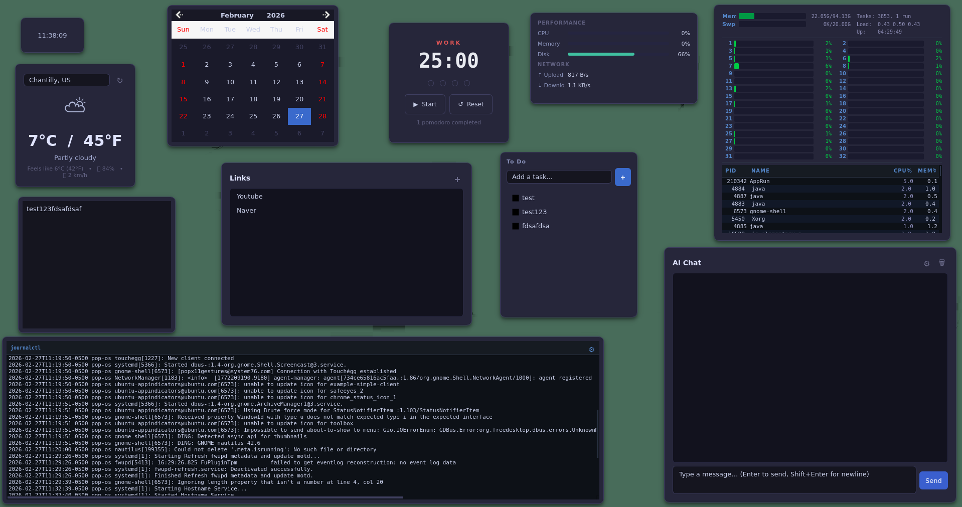 Dashboard canvas with multiple widgets arranged freely