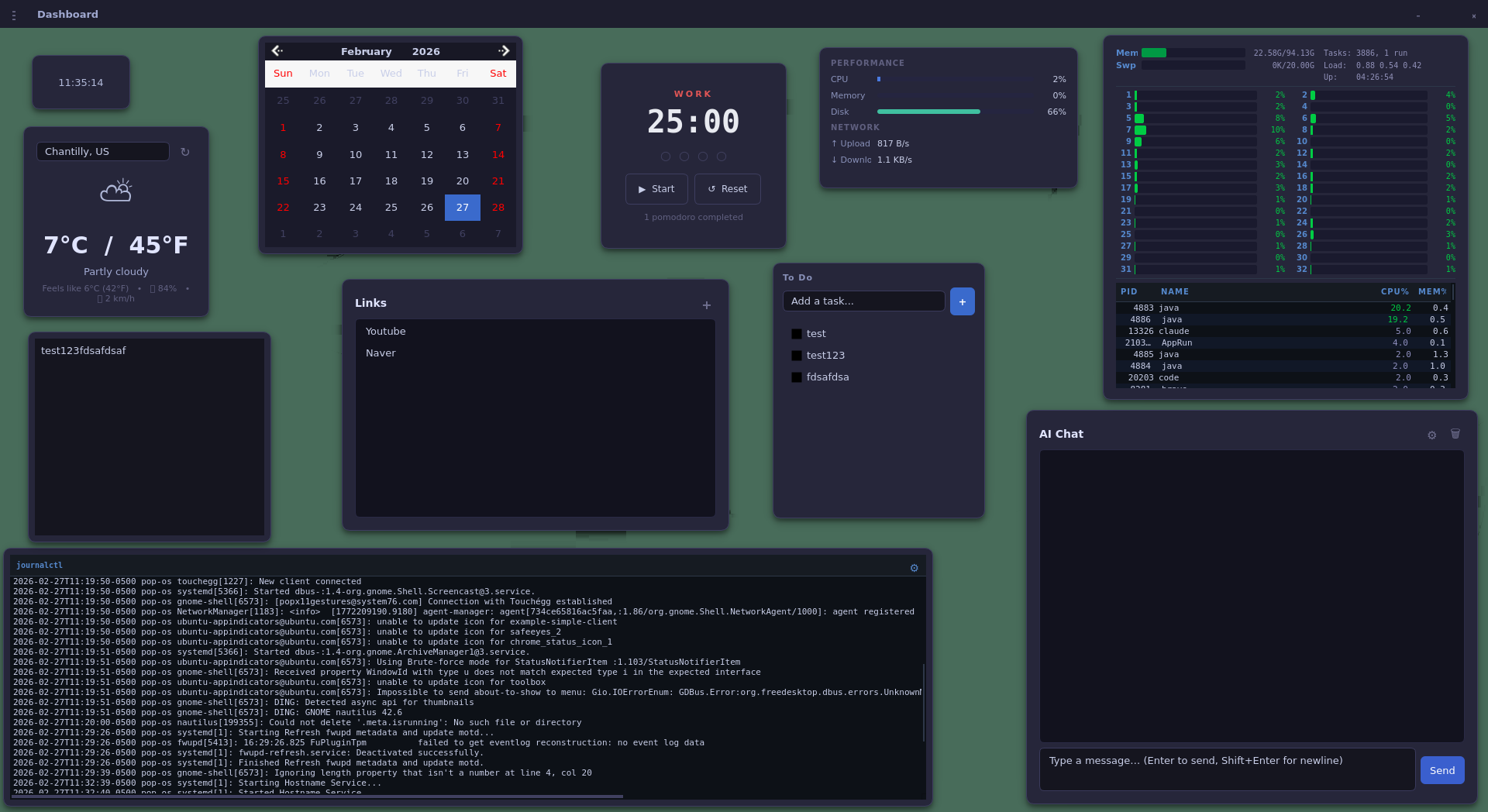Dashboard running with clock, calendar, weather, pomodoro, system status, htop, AI chat, links, todo, and logtail widgets
